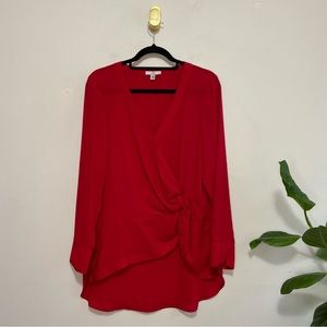 H by Halston Red Drape Front Asymmetric V-Neck Long Sleeve Blouse Top